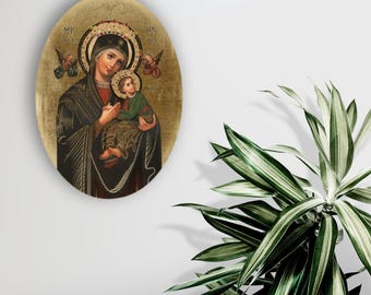 Holy VIRGIN of PERPETUAL HELP Icon: Handmade Wooden Catholic Wall Decor, Golden Leaves