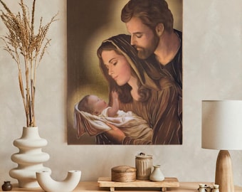 Icono de la Sagrada Familia hecho a mano, decoración de pared católica de madera, imagen religiosa con hojas doradas.