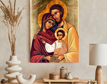 Icono de la Sagrada Familia hecho a mano, decoración de pared católica de madera, imagen religiosa con hojas doradas.