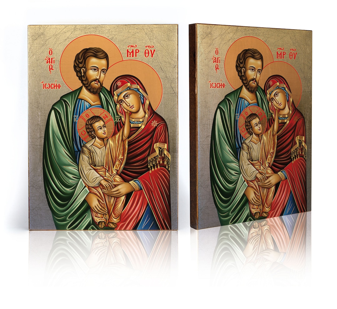 Handmade HOLY FAMILY Icon, Wooden Catholic Wall Decor, Gold Leaves ...