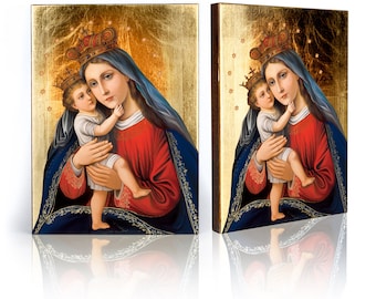 Handmade ELEUSA Icon: Virgin Mary and Baby Jesus, Gold Leaf Wooden Catholic Wall Decor