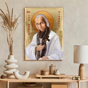 Ikona św. Jana Vianneya, Jean-Marie Vianney, ikona wykonana Jean-Marie-Baptiste Vianney, ikona drewniana, idealny prezent,