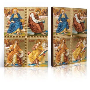 Puede incluir: Dos paneles de madera que muestran iconos religiosos. Cada panel presenta ocho imágenes individuales de santos, representados en colores vibrantes. Los santos se muestran escribiendo o sentados, con halos y ropa detallada. El fondo es dorado con bordes decorativos.