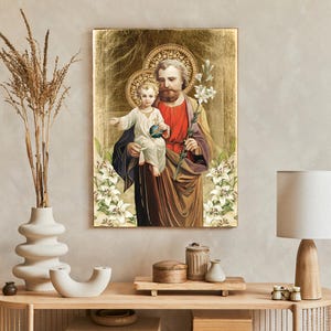 Icon of Saint Joseph with Jesus Child, handmade icon, wooden icon, natural board, perfect present, St Joseph wall decor, Saint Joseph image