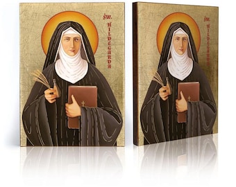 Icona di SANTA ILDEGARDA di BINGEN: opera d'arte cattolica in legno fatta a mano con foglie d'oro