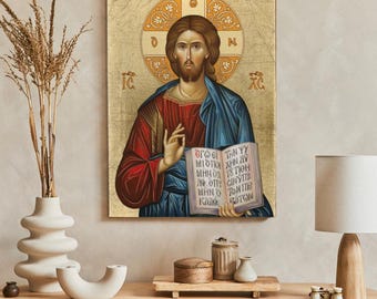 CHRIST PANTOCRATOR Icon: Handmade Catholic Wall Decor, Golden Leaves, Wooden Religious Art