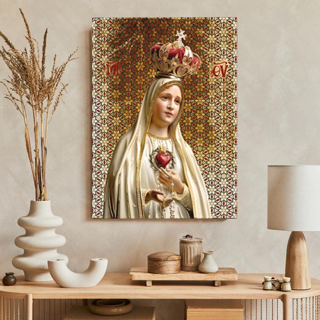 Handmade Our Lady of Fatima Icon: Catholic Wall Decor, Golden Leaves ...