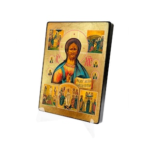 Icon of of Christ Pantocrator and scenes from the life of Jesus, wooden icon, perfect present, Christ Pantocrator art, Jesus Christ icon,