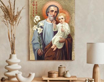 SAINT JOSEPH and JESUS Child Icon, Handmade Wooden Catholic Wall Decor, Gold Leaves