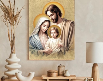 Icono de la Sagrada Familia hecho a mano, decoración católica de madera con pan de oro, imagen religiosa