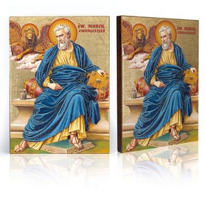 Puede incluir: Dos placas de madera con detalles dorados que representan a San Marcos Evangelista. El santo está sentado en un trono con un león alado, símbolo de su evangelio, detrás de él. El texto en las placas dice "św. Marek Ewangelista".