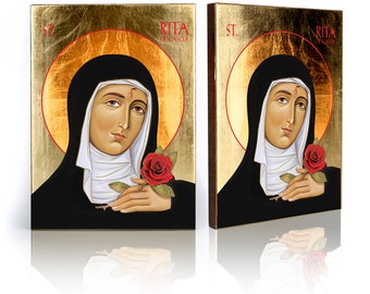 Icono artesanal de Santa Rita de Casia, decoración católica de pared con hojas doradas, imagen religiosa.