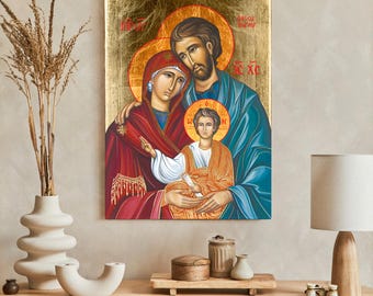 Icono de la Sagrada Familia hecho a mano, decoración de pared católica de madera, imagen religiosa con hojas doradas.