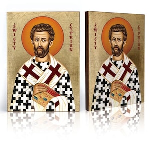 Cyprian Ikone, handgemachte Ikone, Holzikone, Naturbrett, St Cyprian Ikone, goldene Schichten, Saint Cyprian Kunst