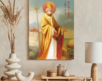 Saint NICHOLAS of MYRA Icon: Handmade Wooden Catholic Wall Decor, Gold Leaves, Religious Art
