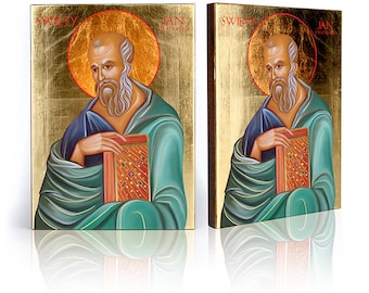 Icono de San Juan el Evangelista: Arte religioso de madera hecho a mano, hojas doradas, decoración católica para pared.
