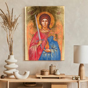 Ikone des Erzengels Uriel, handgefertigte Holzikone, perfektes Geschenk, schönes religiöses Bild, Erstkommunion, Taufgeschenk, Geburtstagsgeschenk