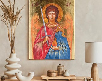 ARCHANGEL URIEL Handmade Icon, Wooden Catholic Wall Decor, Golden Leaves, Religious Art