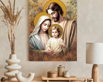 Icono de la Sagrada Familia hecho a mano, decoración de pared católica de madera, imagen religiosa con hojas doradas.