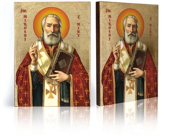 Saint NICHOLAS of MYRA Icon: Handmade Wooden Catholic Wall Decor, Gold Leaves, Religious Art