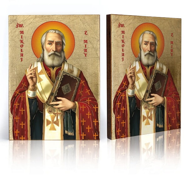 Ikone des Heiligen Nikolaus von Myra, handgefertigte Ikone, Holzikone, Naturbrett, goldene Schichten, perfektes Geschenk - religiöses Bild, St