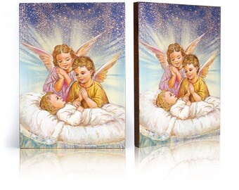 Ángel de la guarda con niño, icono de madera hecho a mano, arte infantil católico, hojas doradas