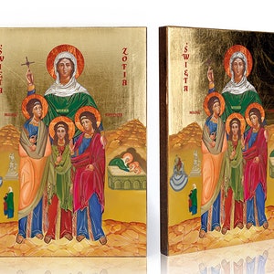 Può includere: Un'icona rettangolare in legno raffigurante Santa Sofia e le sue tre figlie, Fede, Speranza e Carità, in stile bizantino tradizionale su uno sfondo in foglia d'oro con il testo "ŚWIĘTA ZOFIA" e i nomi delle figure.