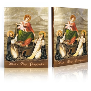 Icona della Madonna di Pompei: decorazione murale cattolica in legno realizzata a mano, con foglie dorate, immagine religiosa.