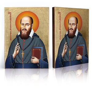 Ícone de São Francisco de Sales, São Francisco de Sales, Ícone de São Francisco de Sales Ícone feito à mão, Ícone de madeira, Presente perfeito, Camadas douradas