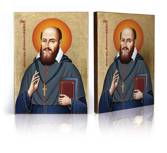 Saint FRANCIS De SALES Icon: Handmade Religious Art, Golden Leaves