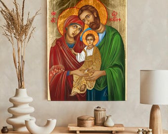 Icono de la Sagrada Familia hecho a mano, decoración de pared católica de madera, imagen religiosa con hojas doradas.