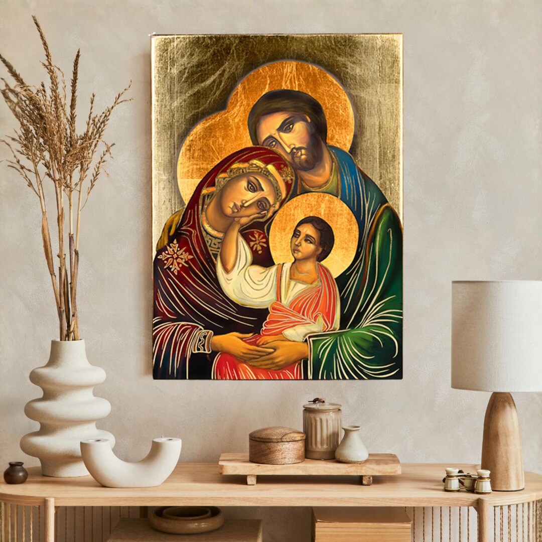 Handmade HOLY FAMILY Icon, Wooden Catholic Wall Decor, Gold Leaves ...