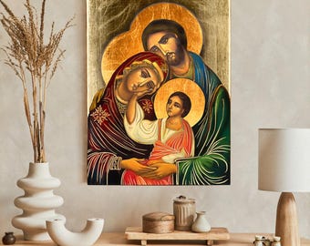 Icono de la Sagrada Familia hecho a mano, decoración de pared católica de madera, imagen religiosa con hojas doradas.