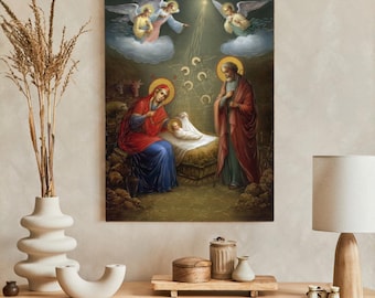 Icono de la Sagrada Familia hecho a mano, decoración de pared católica de madera, imagen religiosa con hojas doradas.