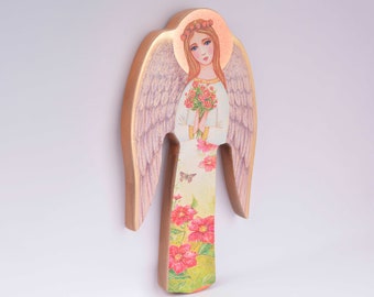 Ícono de madera de Ángel de la Guarda hecho a mano, arte infantil católico, hojas doradas, imagen religiosa