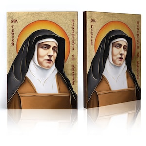 Puede incluir: Dos iconos religiosos enmarcados con bordes dorados. Cada icono presenta un retrato de una mujer con hábito negro y velo blanco. El texto en los iconos dice "Św. Teresa Benedykta od Krzyża".