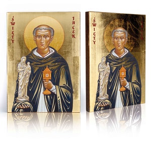 May include: A pair of gold-leaf framed icons depicting Saint Hyacinth, a Catholic saint. The icons are painted in a traditional style with a gold background and feature the saint holding a chalice and a small figure of the Virgin Mary. The text "ŚWIĘTY" and "JACEK" is visible on the icons.