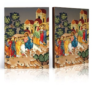 Icon of Jesus&#39; entry into Jerusalem, Jesus Christ icon, handmade icon, wooden icon, natural board, religious icon, Jesus Christ icon