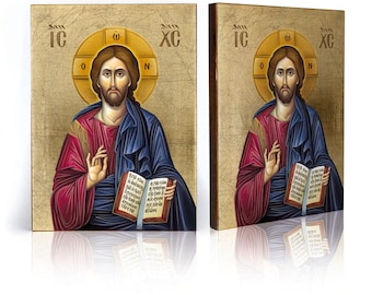 Icône CHRIST PANTOCRATOR : décoration murale catholique faite main, feuilles dorées, art religieux en bois