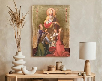 Saint NICHOLAS of MYRA Icon: Handmade Wooden Catholic Wall Decor, Gold Leaves, Religious Art