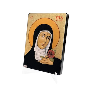 Ikona Świętej Rity, Św. Rita, Święta Rita z Cascii, ikona drewniana, idealny prezent, złote krople, ikona robiona, drewno naturalne