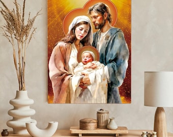 Icono de la Sagrada Familia hecho a mano, decoración de pared católica de madera, imagen religiosa con hojas doradas.