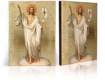 RESURRECTION of JESUS CHRIST Icon: Handmade Wooden Catholic Art, Wall Decoration, Gold Leaves