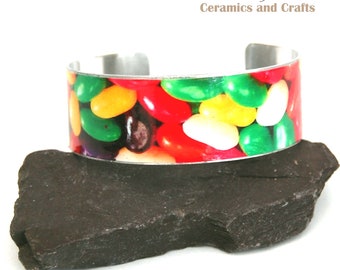 Cuff Bracelet Bangle Aluminium Metal Handmade Jellybeans Pattern 20mm Wide Medium