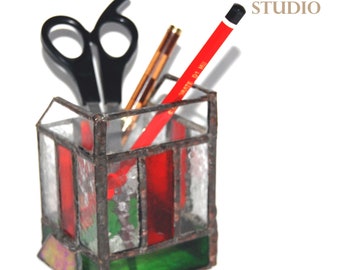Stained Glass Desk Tidy Handmade Red Green Clear Copperfoil Office Stationary Pencil Pen Holder