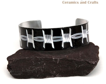 Cuff Bracelet Bangle Aluminium Metal Handmade Barbed Wire Pattern 20mm Wide Medium