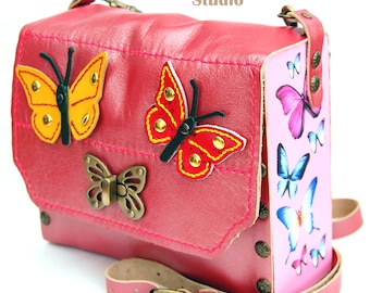 Leather and Wood Shoulder Bag - Butterflies - Handbag Messenger Crossbody Sling Purse Handmade Hand Stitched Pink