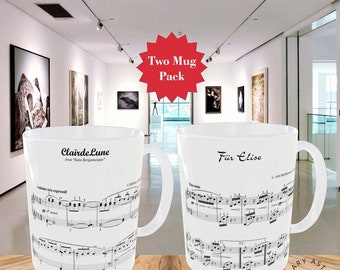 Ceramic Mug Music Score Sheet Notes Fur Elise Clair de Lune Coffee Tea Mugs PAIR x2 Designs 11oz Sublimation Printed