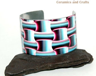 Cuff Bracelet Bangle Aluminium Metal Handmade United Kingdom Matrix Pattern Wide 40mm