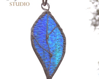 Stained Glass Suncatcher Handmade Blue Leaf Copperfoil Interior or Exterior